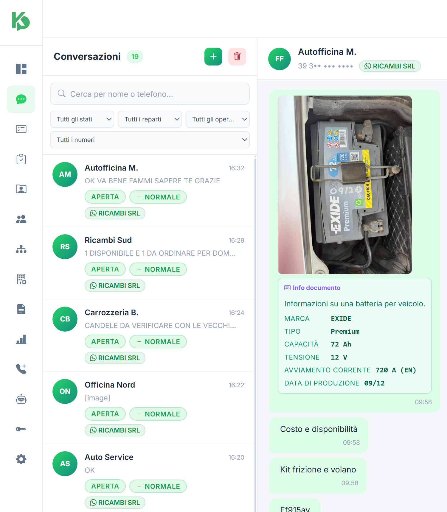 Nella chat: la foto di una batteria nel vano motore e i dati estratti dall'etichetta — marca EXIDE, tipo Premium, 72 Ah, 12 V, 720 A, data di produzione